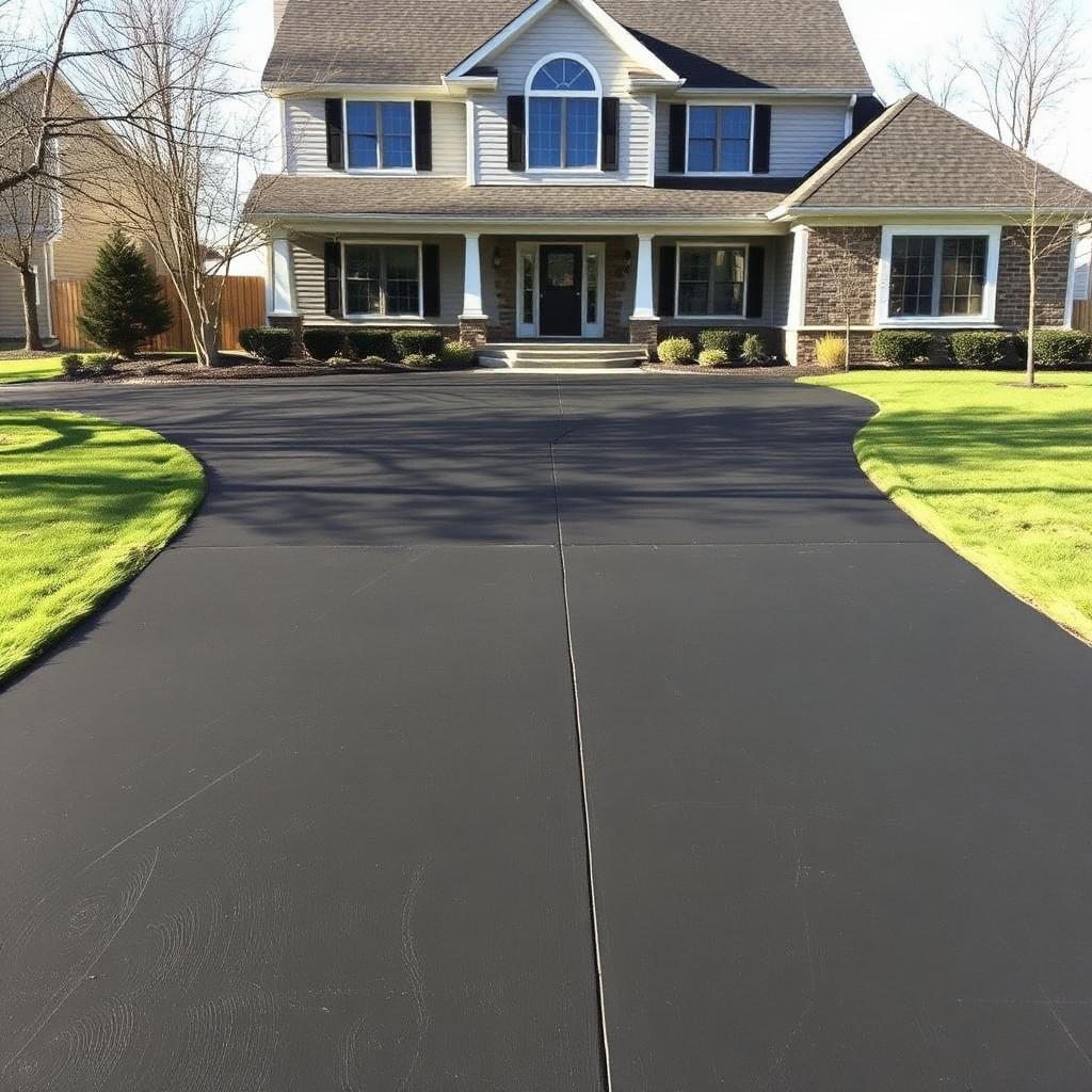 Freshly poured residential concrete driveway with broom finish and tooled control joints in front of a Twin Cities home