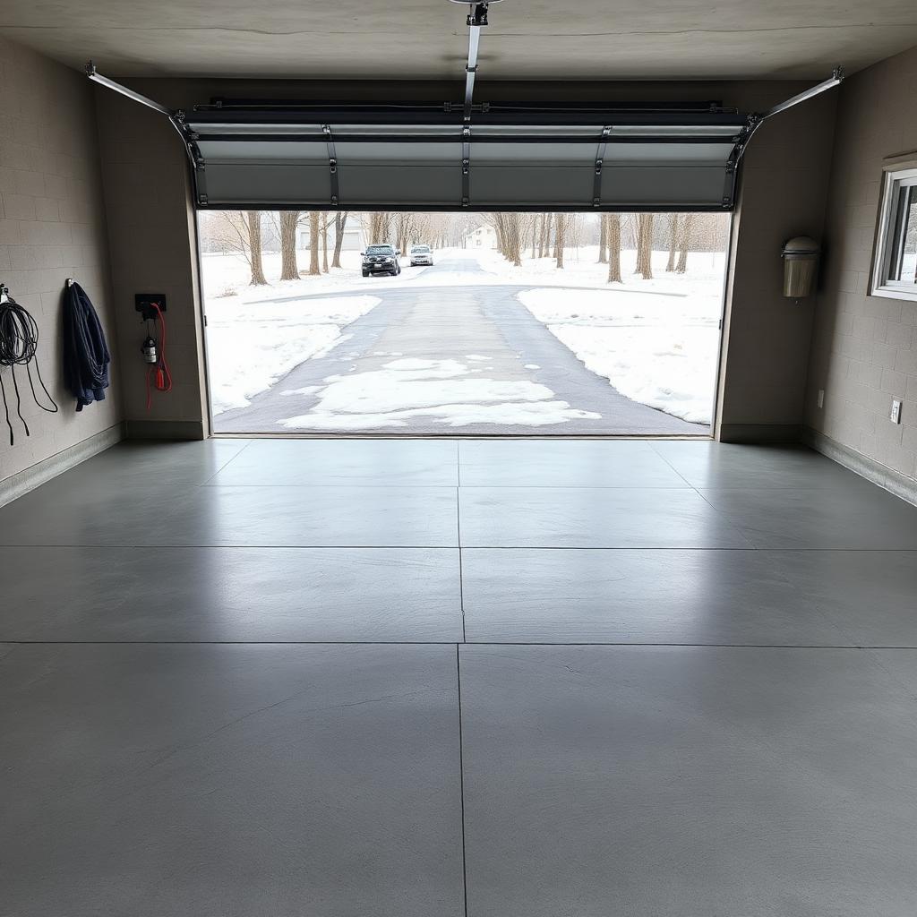 Freshly poured residential concrete garage floor with smooth troweled finish and tooled control joints, garage door open to a snowy Minnesota driveway
