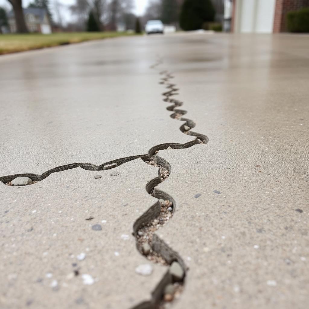 Close-up of a Minnesota residential concrete driveway with surface scaling and spalling damage from winter freeze-thaw and de-icing salt