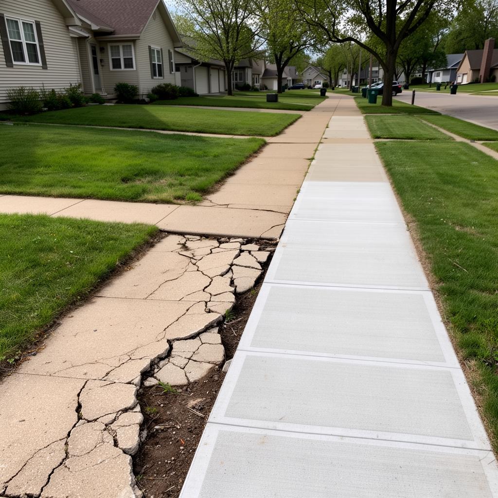 Cracked and settled residential concrete sidewalk next to a freshly replaced section in a Twin Cities neighborhood