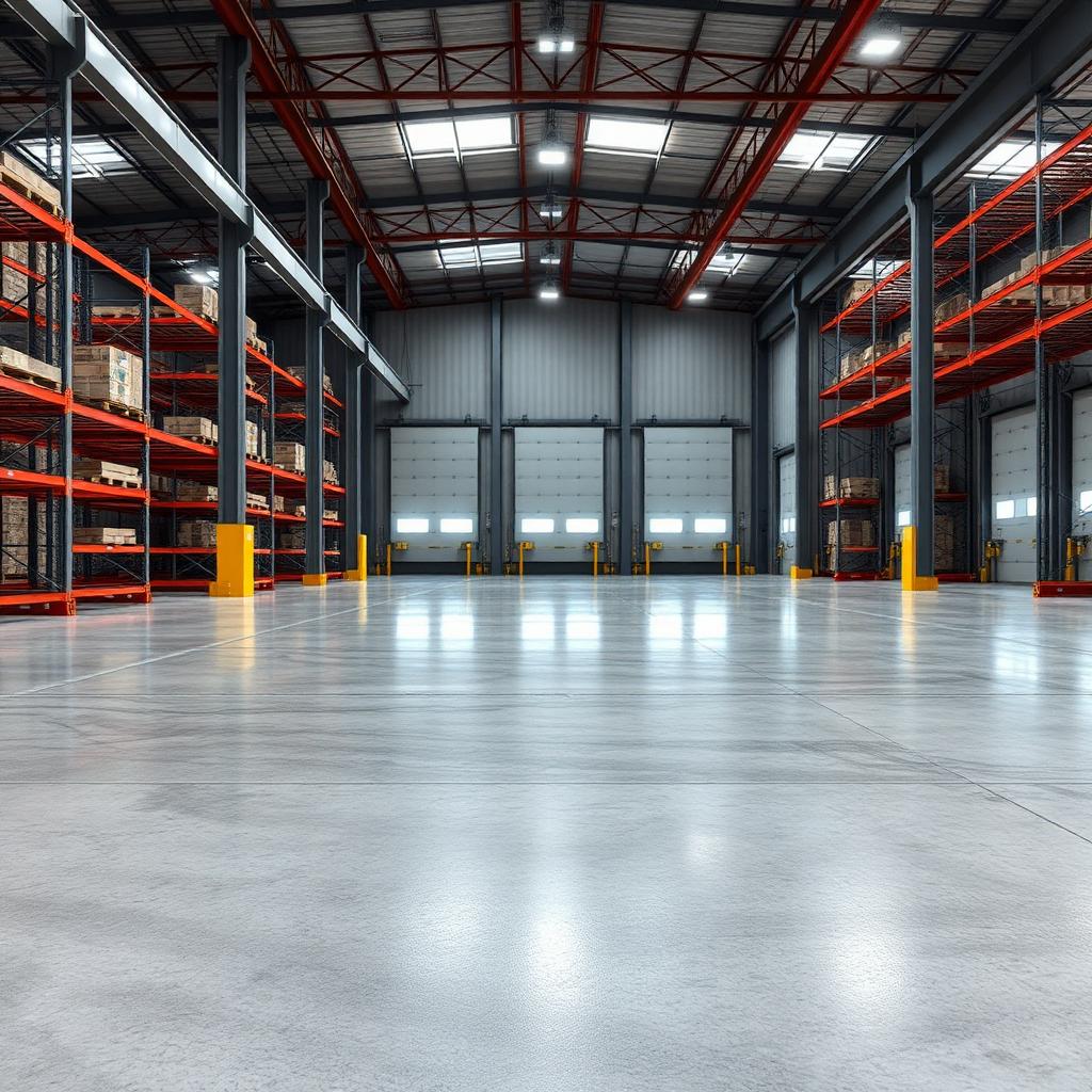Large Twin Cities warehouse interior with a finished power-troweled concrete floor, sawcut control joints, pallet racking, and loading dock doors